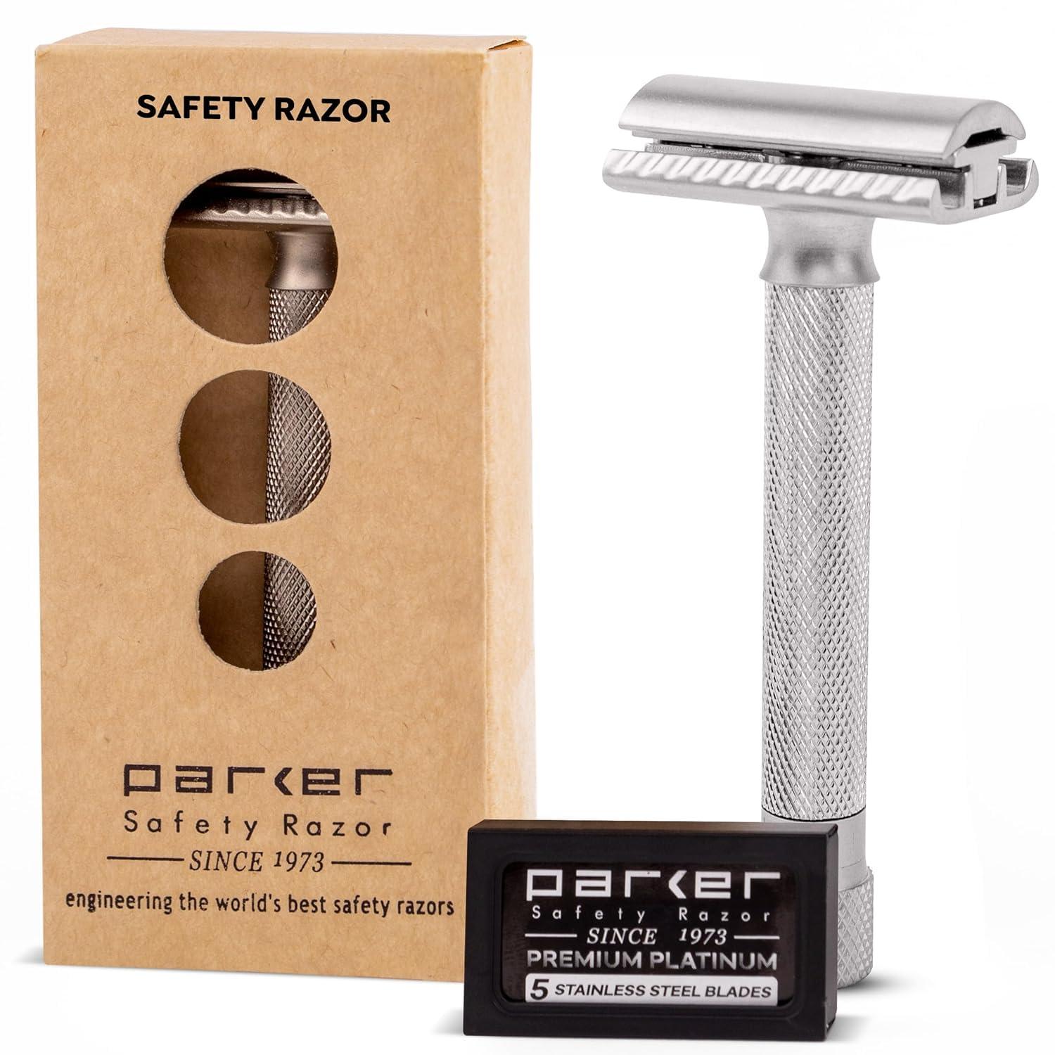 Parker Safety Razor The Parker Variant ADJUSTABLE Double Edge Safety Razor, Customize your Shave with a Turn of the Dial from Mild to Aggressive - 5 Blades Included (SATIN CHROME)