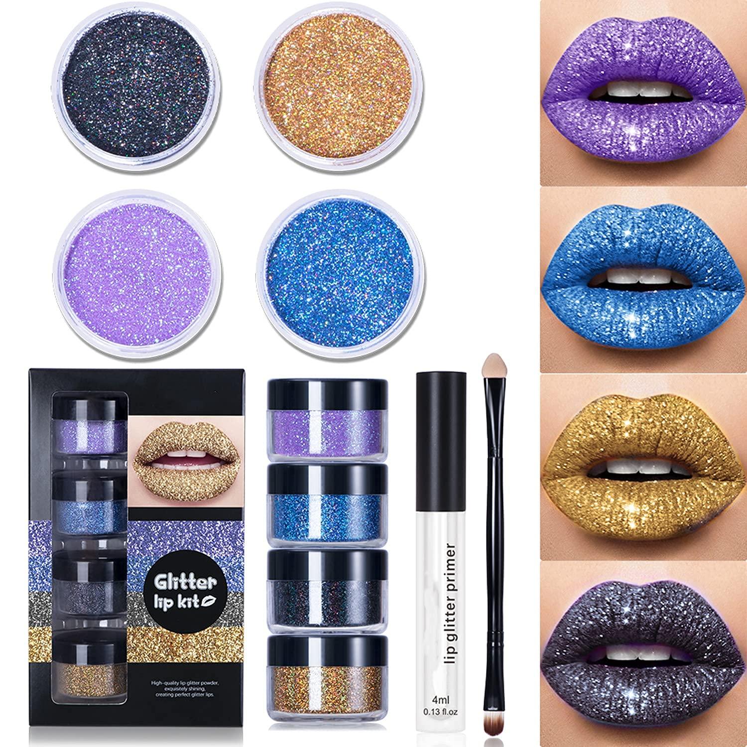 LELEBEAR LELEBEAR Glitter Lip Gloss Set, 4 Colors Diamond Glitter Metallic Lipstick Waterproof and Stain Resistant Lip Balm with Lip Gloss and Brush (Cool colors, Medium)