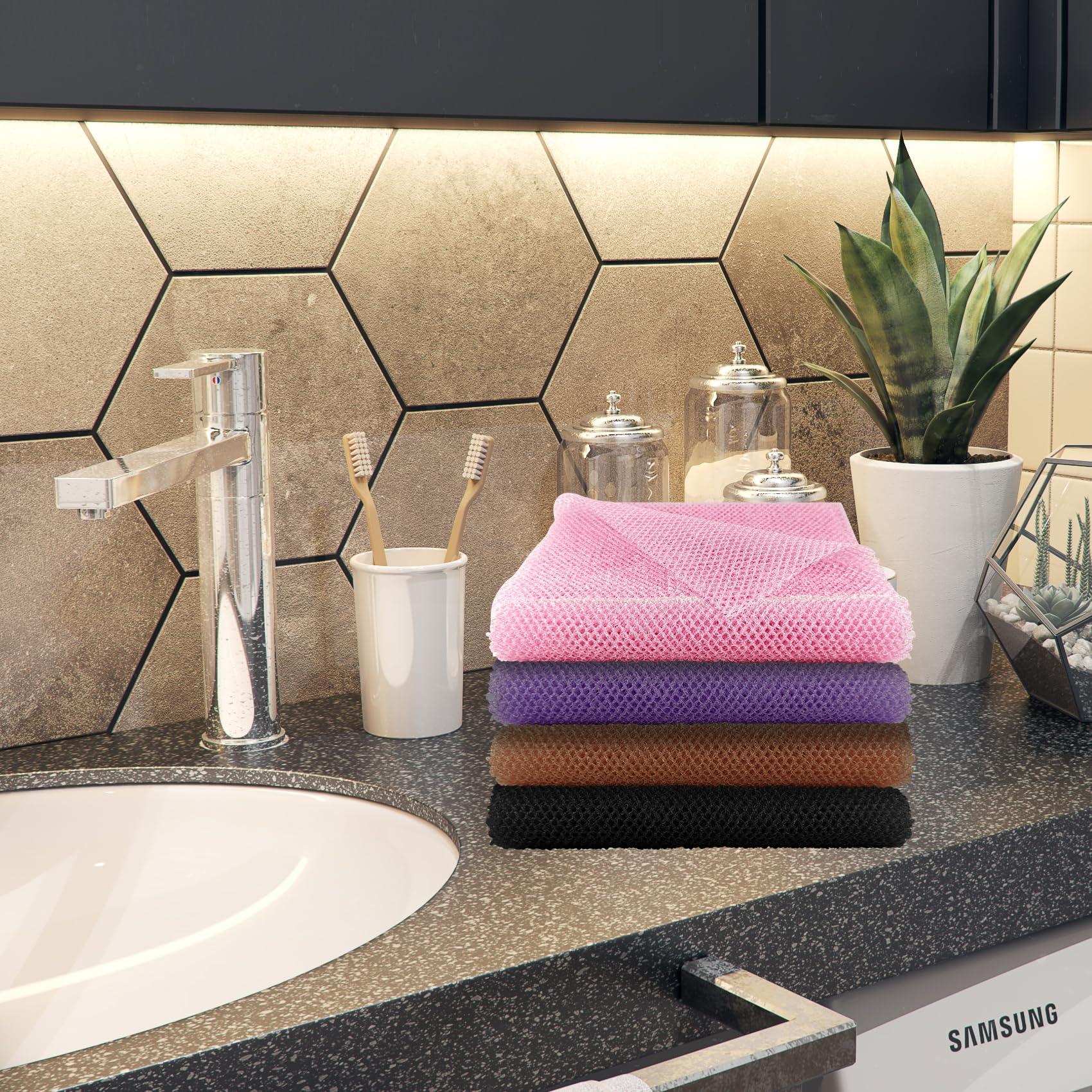 QIANCAIWANG 2 Pack African Net Sponge, 8 * 25 Inches Bath Sponge, African Exfoliating Net Long, Wash Cloths, Body Scrubber Net for Skin Smoother (Purple)