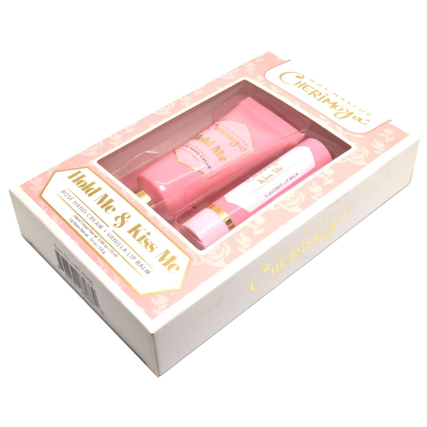 Cherimoya Max Makeup Cherimoya 1 Gift Set of Hold & Kiss Me [ Rose Hand Cream + Vanilla Lip Balm ] + 1 Cosmetic Zipper Bag