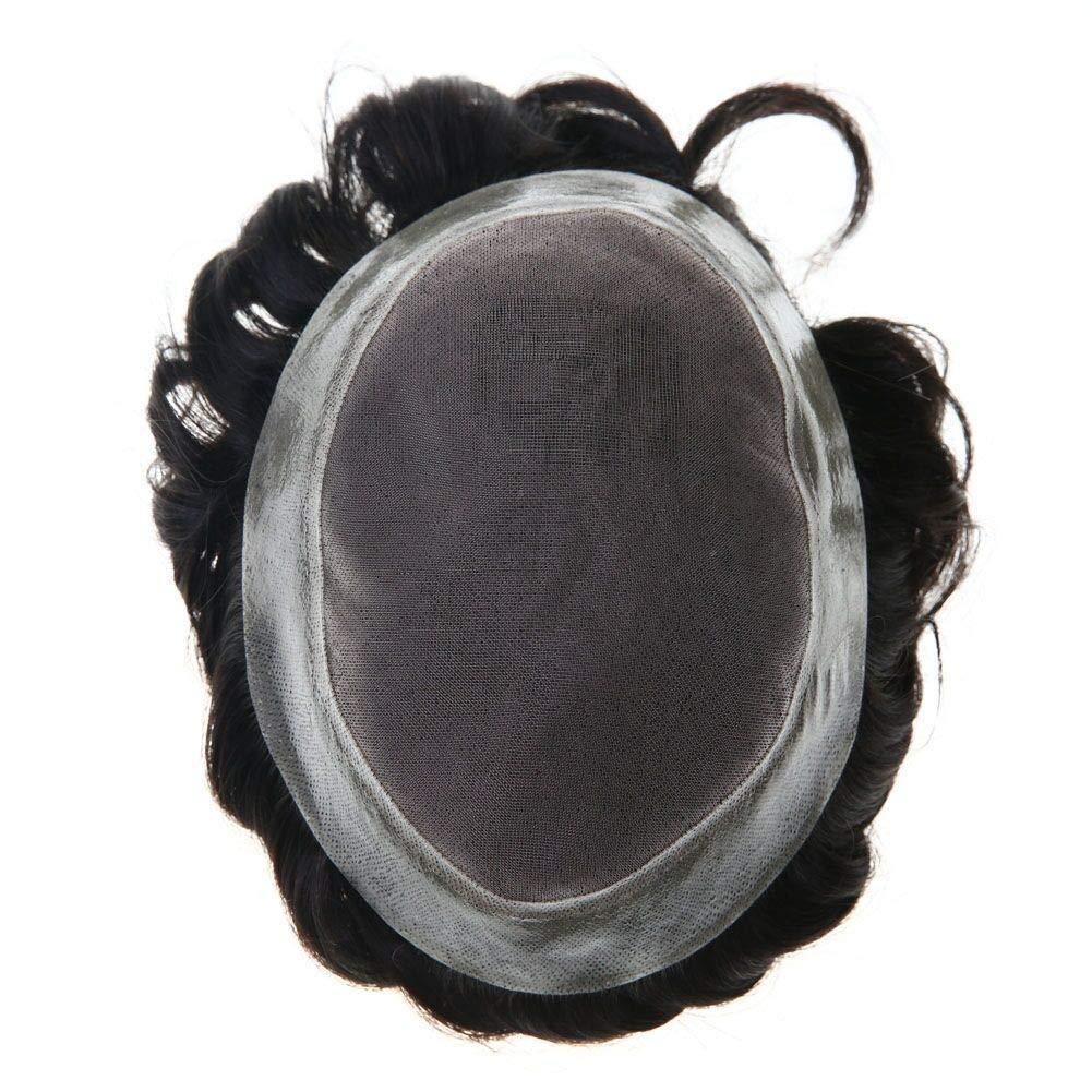 SINGA HAIR Fine Mono Mens Toupe Remy Human Hair System Clear Poly Skin Around Hairpiece Monofilament Wig Durable PU Hair Replacement (1B# Natural Black, 6\'\'x8\' 110% Light Medium Density)