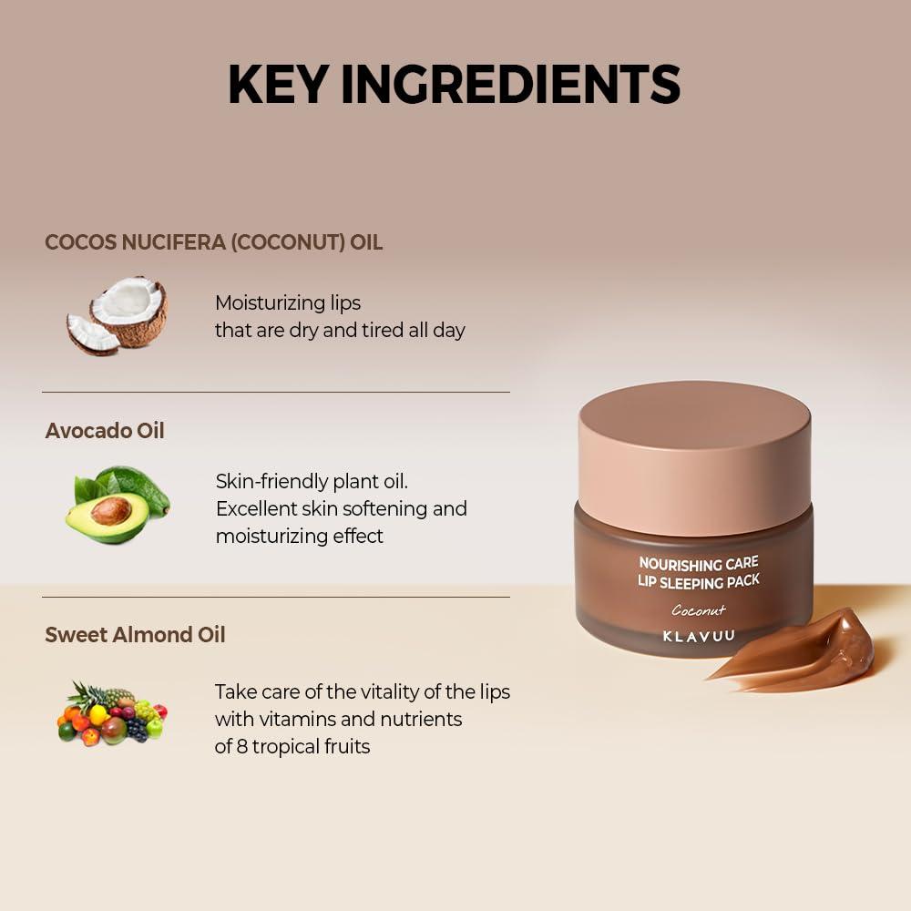 KLAVUU Klavuu Lip Mask Sleeping Pack (0.7oz) Overnight Deep Hydrating Korean Lip Balm Treatment for Very Dry, Chapped Lips | Lip Lightening & Plumping with Instant Hydration | Gentle Exfoliating (Coconut)