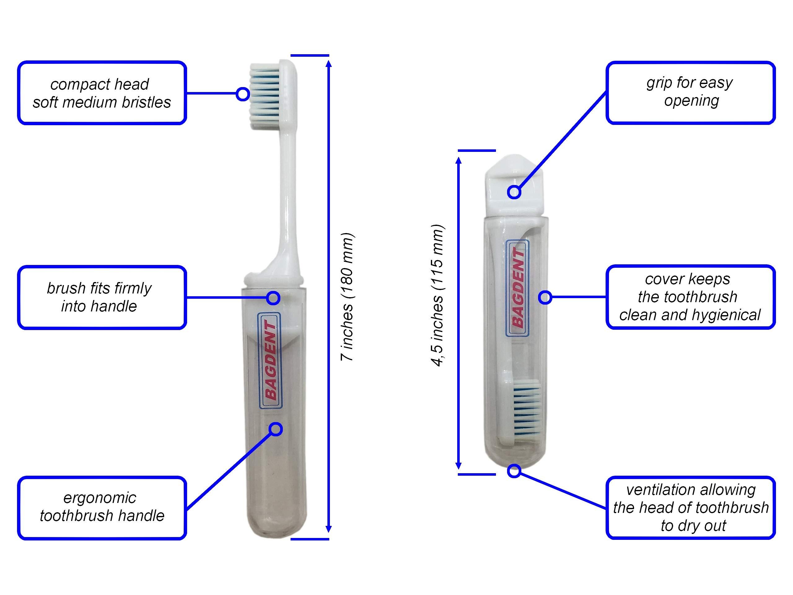 Bagdent Bagdent Travel Toothbrushes and Toothpaste Empty Containers - 11 PCS/Set: 3X Foldable Toothbrushes, 6X Empty Refillable Tubes (0.12oz), 2X Filling Adapters, Travel Set, Emergency Set, Daily Use