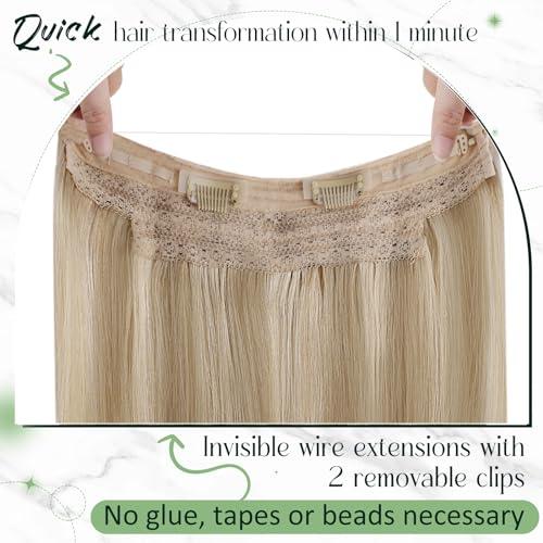 RUNATURE RUNATURE Wire Human Hair Extensions Dark Blonde Highlight Golden Blonde Fish Wire Hair Extensions Real Human Hair Invisible Wire Hair Extensions 16 Inch 80g