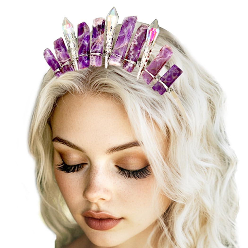 Formery Formery Purple Raw Crystal Crown Silver Amethyst Pendulum Quartz Headband Handmade Natural Stone Headpiece Hair Accessories for Women