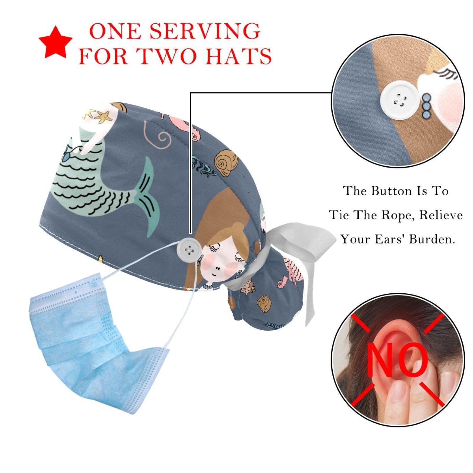 Lyetny Cartoon Sleeping Mermaid with Seashells, Jellyfish, Seaweed, and Sea Horse Scrub Caps Hats Women Bouffant Working Hat Ponytail Holder for Women Long Hair Covers 2PCS