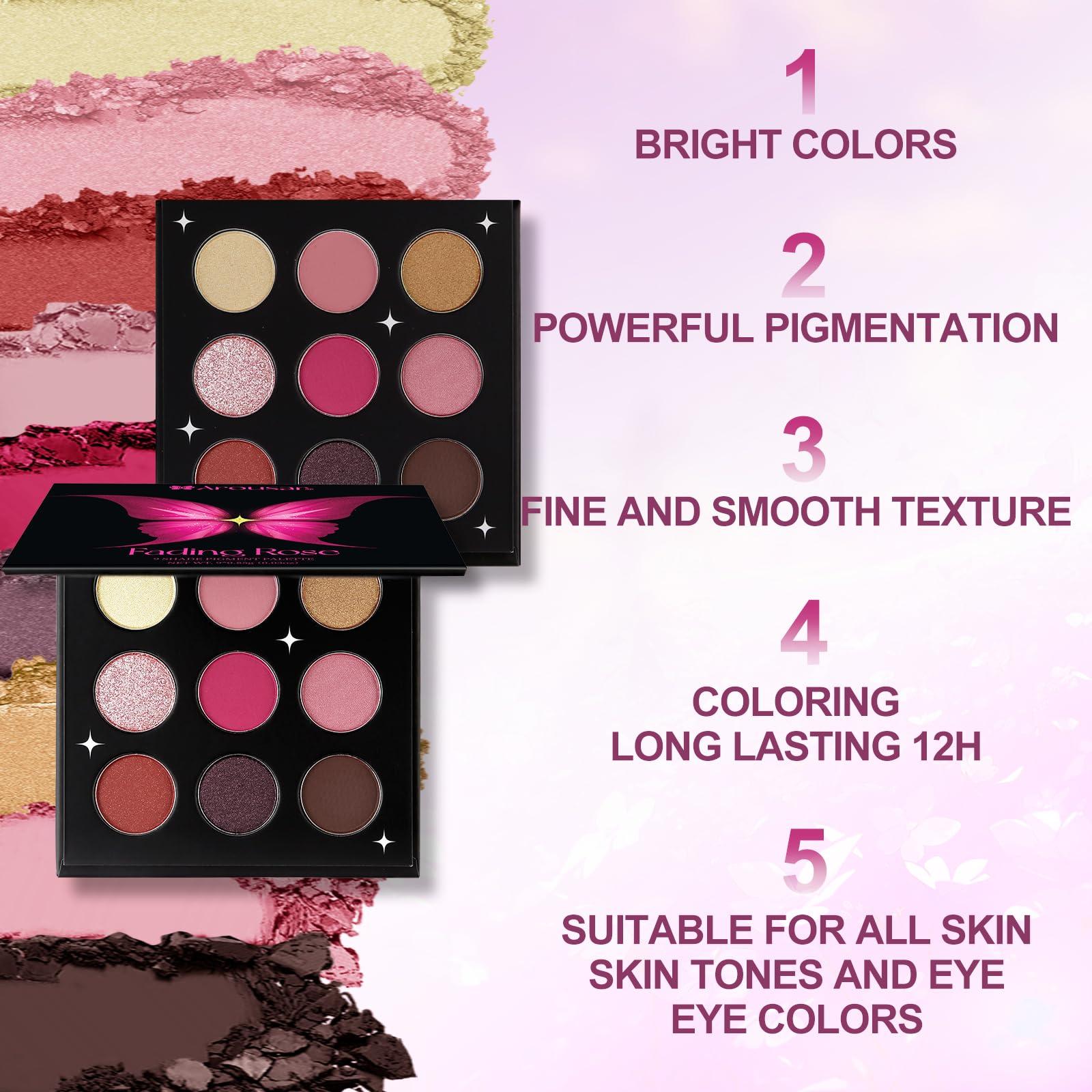 Arousar Arousar Eyeshadow Palette, Matte Shimmer Glitter Pink Eye Makeup Palette, Highly Bold Pigmented Pressed Powder Palette, Natural Velvet texture Fading Rose