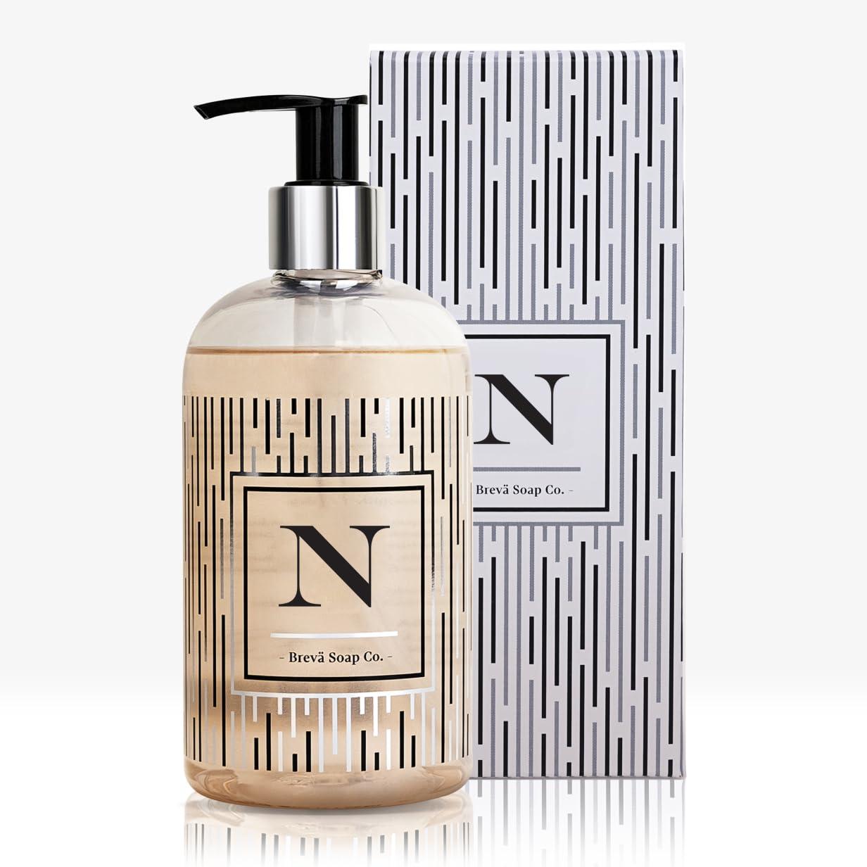 Brev Soap Co. Monogrammed Luxury Liquid Hand Soap | Choose from Letters A to Z | Citrus Bloom Scent | Personalized Liquid Hand Wash for Bathroom & Kitchen |12 oz - Letter N