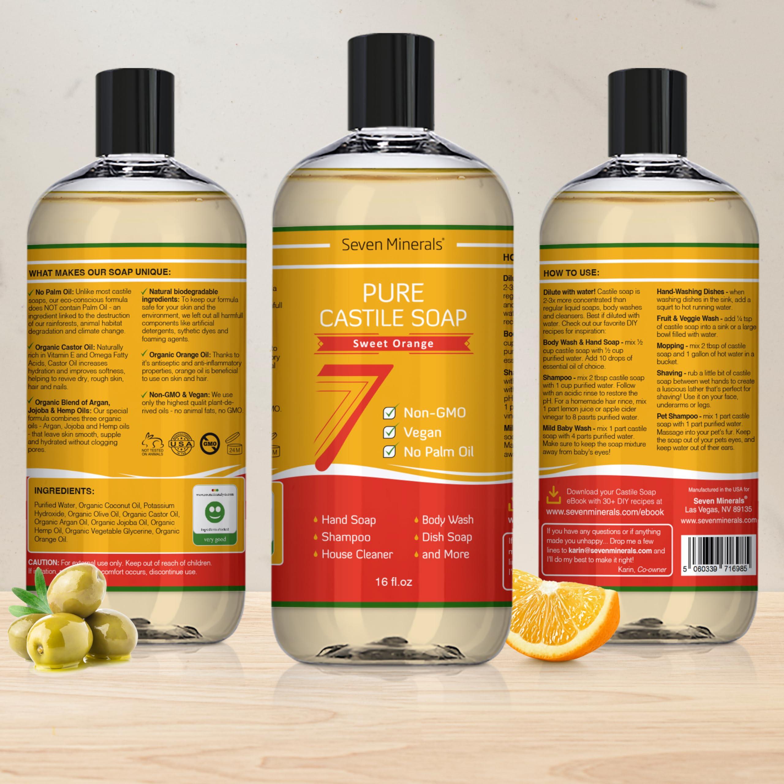 Seven Minerals Pure Castile Soap, Sweet Orange - No Palm Oil, GMO-Free - Gentle Liquid Soap For Sensitive Skin & Baby Wash - All Natural Vegan Formula with Organic Carrier Oils