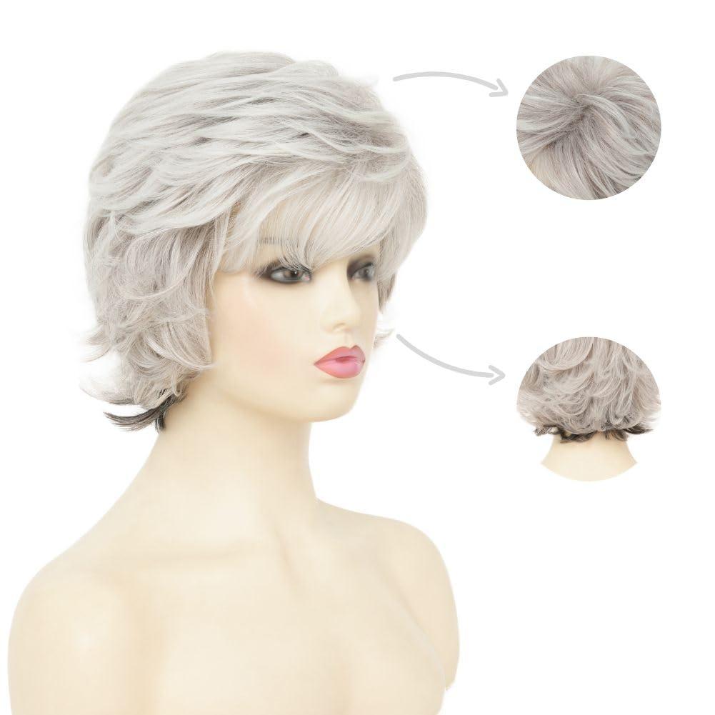 Salaibs Salaibs Short Grey Curly Wigs for Women Gray Old Lady Wig with Bangs Natural Synthetic Daily Party Cosplay Wig