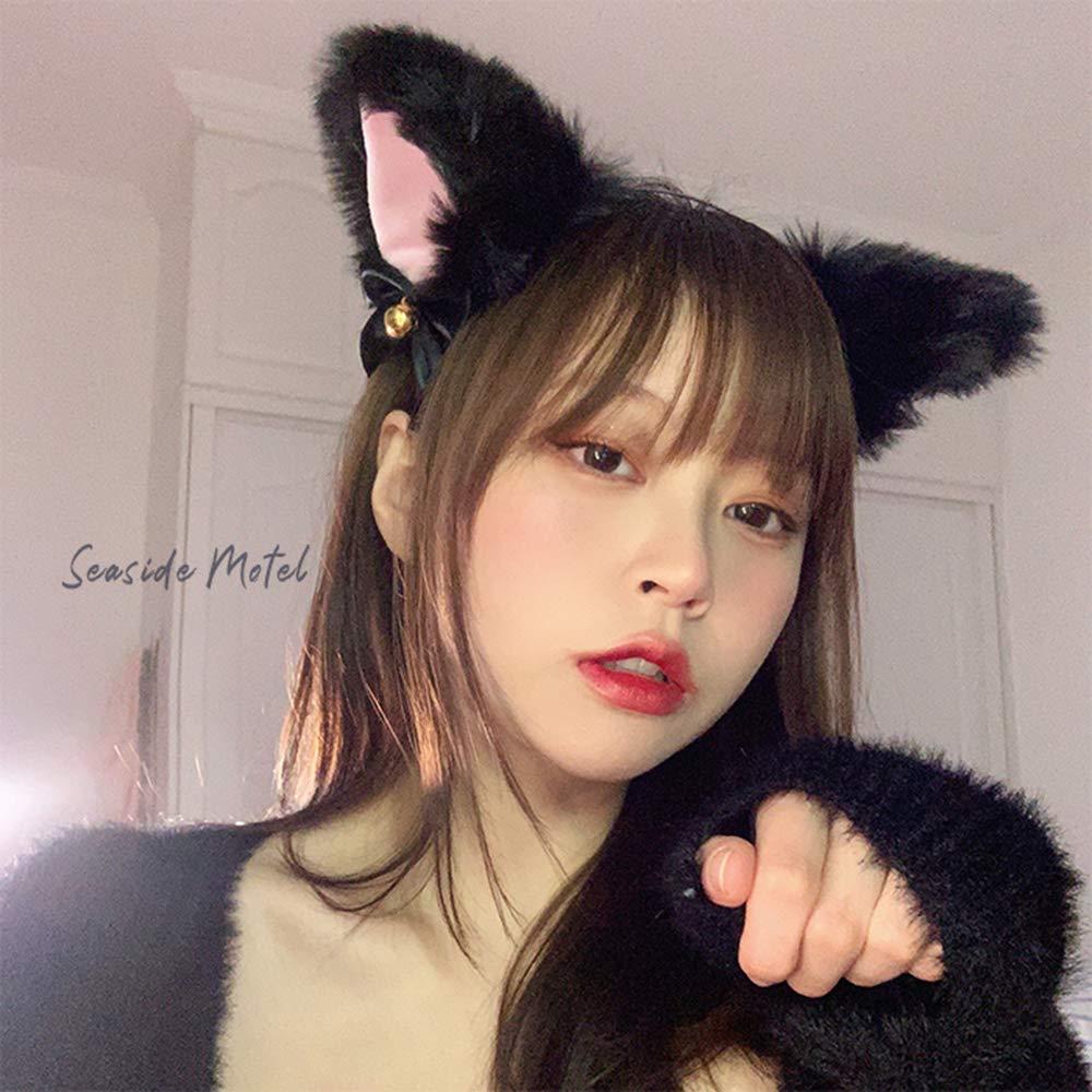EVERMARKET EVERMARKET Cat Ears, Faux Furry Headband with Bells, Anime Fox Cat Ears Cosplay Accessories, Hairband for Halloween Costume Party Fancy Dress, One Size, Black-Inner Pink