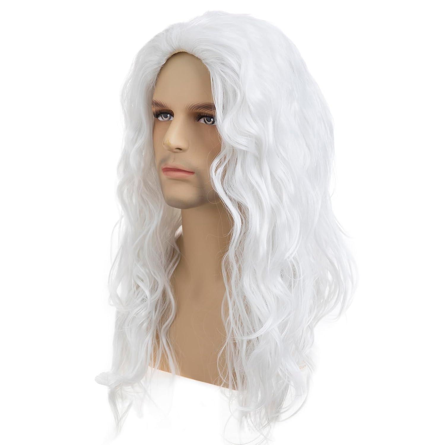 Sallcks Sallcks Mens White Wig Long Curly Wavy Wig for Men Middle Part Synthetic Heat Resistant Hair Wigs for Daily Party Costume Halloween