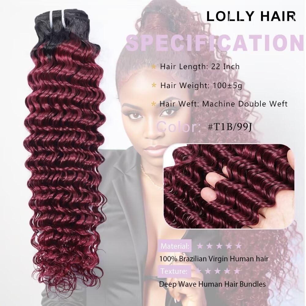 LOLLY HAIR Burgundy Bundles Human Hair 22 Inch T1B/99J Deep Wave Ombre Human Hair Bundles 10A Brazilian Virgin Wet And Wavy Curly Bundles Human Hair Red Water Wave Bundles 2 tone Black to 99J Burgundy