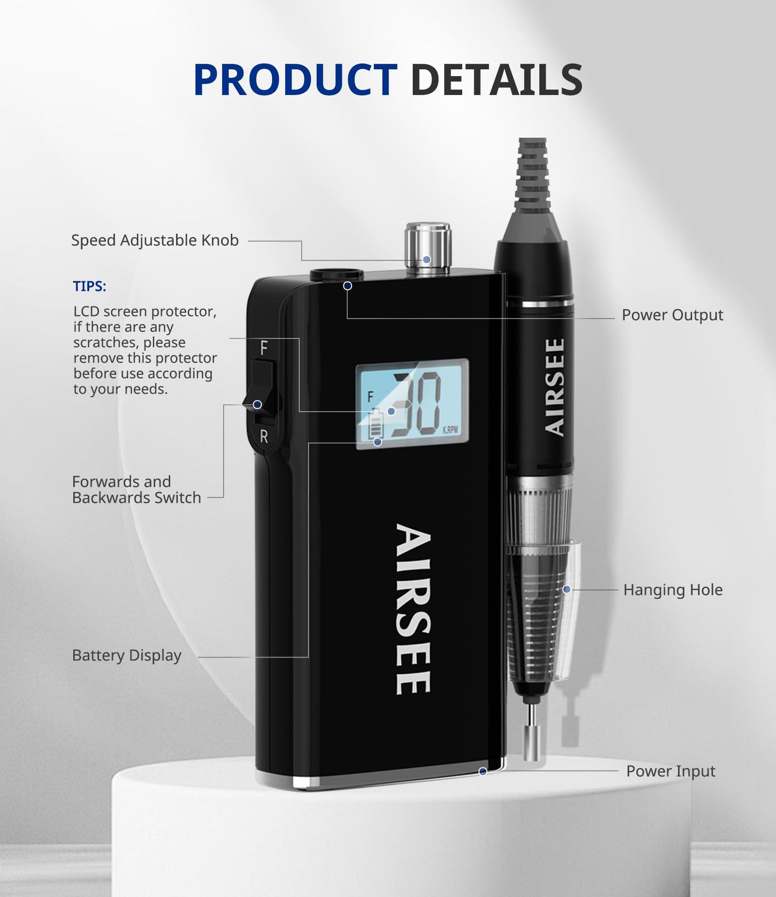 AIRSEE AIRSEE Rechargeable 30000RPM Electric Nail Drill E8 Black & AIRSEE Tungsten Carbide 5 in 1 Acrylic Nail Drill Bit Coarse-XC+C+M