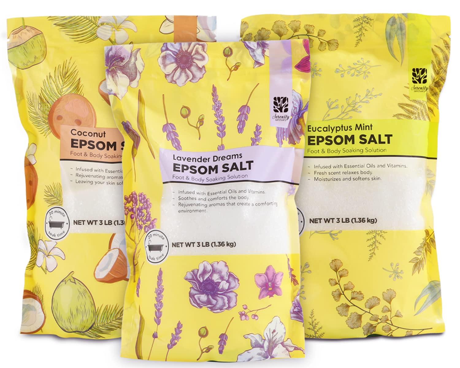 Serenity Sanctuary Epsom Salt for Soaking, 9 lb Scented Bath Salts for Women, Lavender & Eucalyptus & Coconut, Epsom Salt Bulk Bath Spa Set Gifts for Women, Mother\'s Day Gifts, 3lb (Pack of 3)