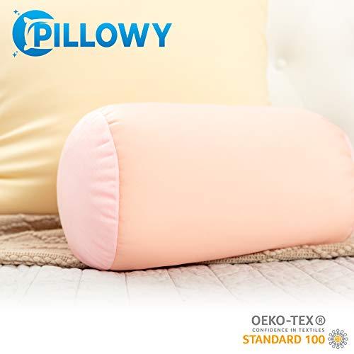 PILLOWY Microbead Bolster Neck Roll Pillow, Gently On Body, Head, Neck & Shoulders No Pain Rest, Relax Sleep - Silky Feel Prevent Wrinkles & Hair Breakage - Lightweight Cylinder Tube, 14" x 8", Cream Peach
