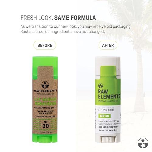 RAW ELEMENTS Raw Elements Organic Outdoor Sunscreen Lip Balm Rescue - SPF 30, UVA-UVB Protection, Reef-Safe, Non-Nano Zinc, Water Resistant, 0.15 oz (Pack of 1)