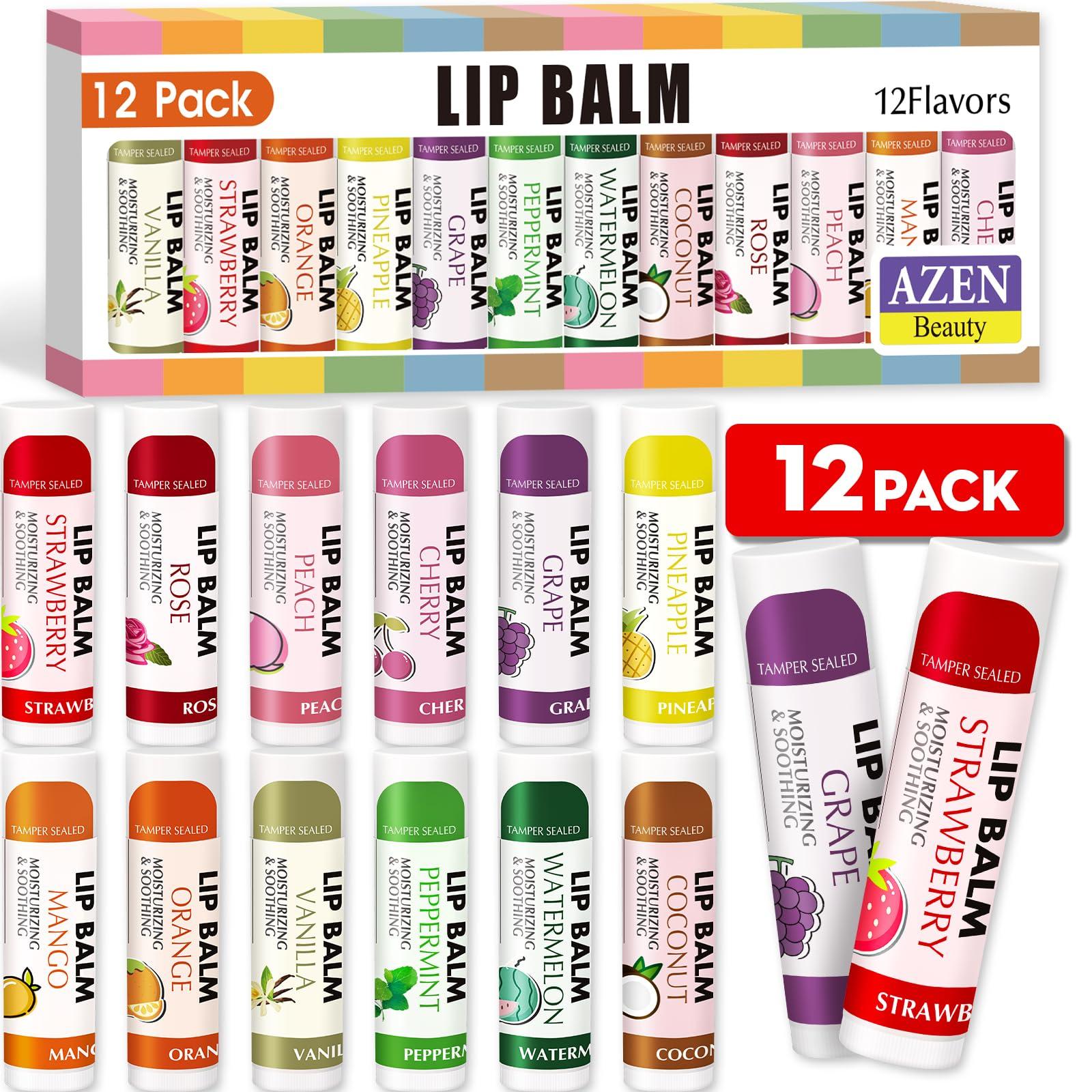 AZEN AZEN 12 Pack Lip Balm, Natural Lip Balm Bulk, Lip Care Product, Moisturizing Lip Balm for dry cracked lips - 12 Flavors