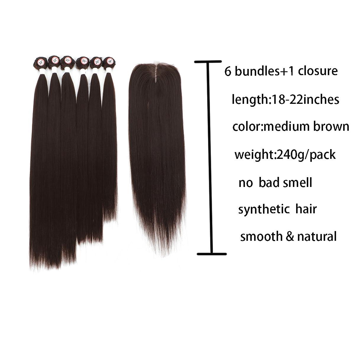UGORGEOUS Synthetic Hair Bundles with Easy Closure Medume Brown Yaki Straight Hair Weft Weave for Women Heat Resistant Fiber Synthetic Hair Extension 7pcs for A Full Head Total 240g