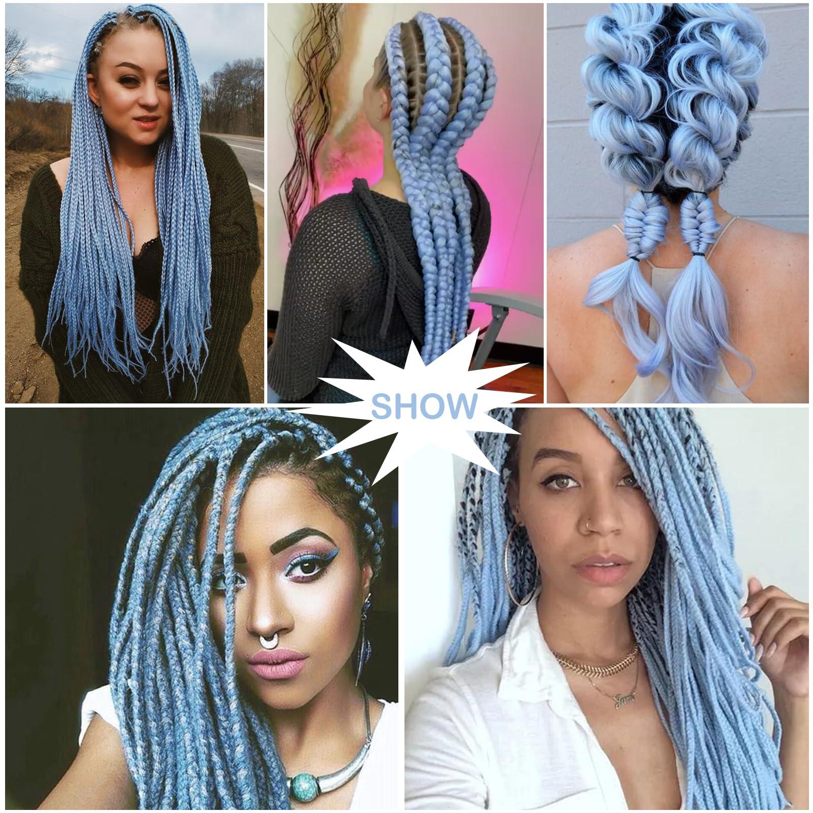 DAN NING Baby Blue Pre Stretched Braiding Hair 30 Inch Box Braid Hair Extensions 3 Packs Yaki Texture Pre Feathered Braids Hair Easy to Use for Summer