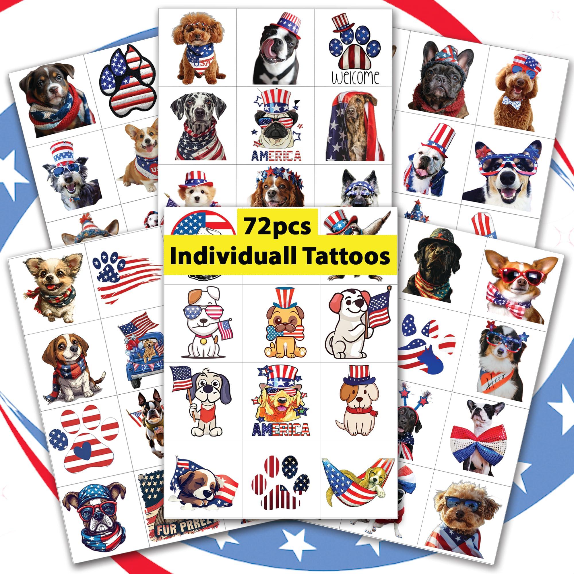 MIIVOYAGE MIIVOYAGE USA Dog Temporary Tattoos 72pcs Individually American Flag Tattoos, Waterproof Sweat National Flag Removable Fake Tattoos, Red White and Blue Party Supplies, Patriotic Party Decorations