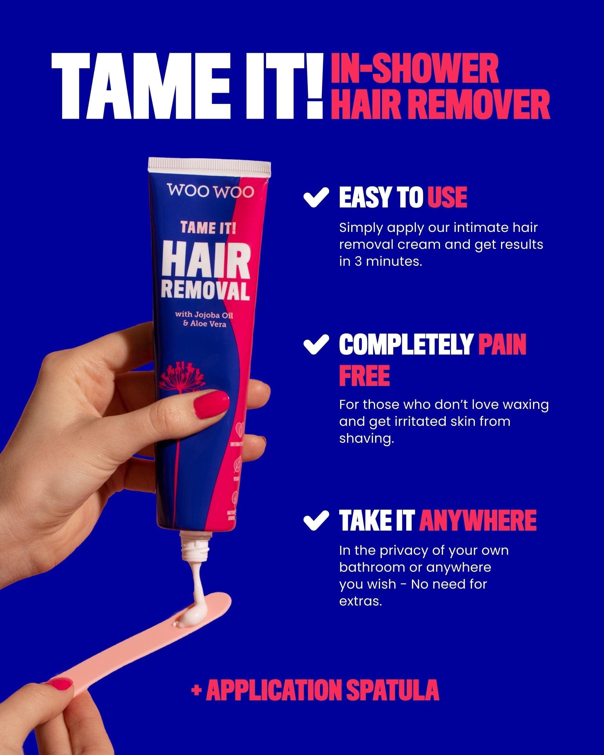 WOOWOO WooWoo - Tame It! In-Shower Natural Hair Removal Depilatory Cream | No Irritation Vegan Hair Remover For Sensitive Skin - Legs, Bikini, Intimate Areas (6.8 oz | 200 ml)