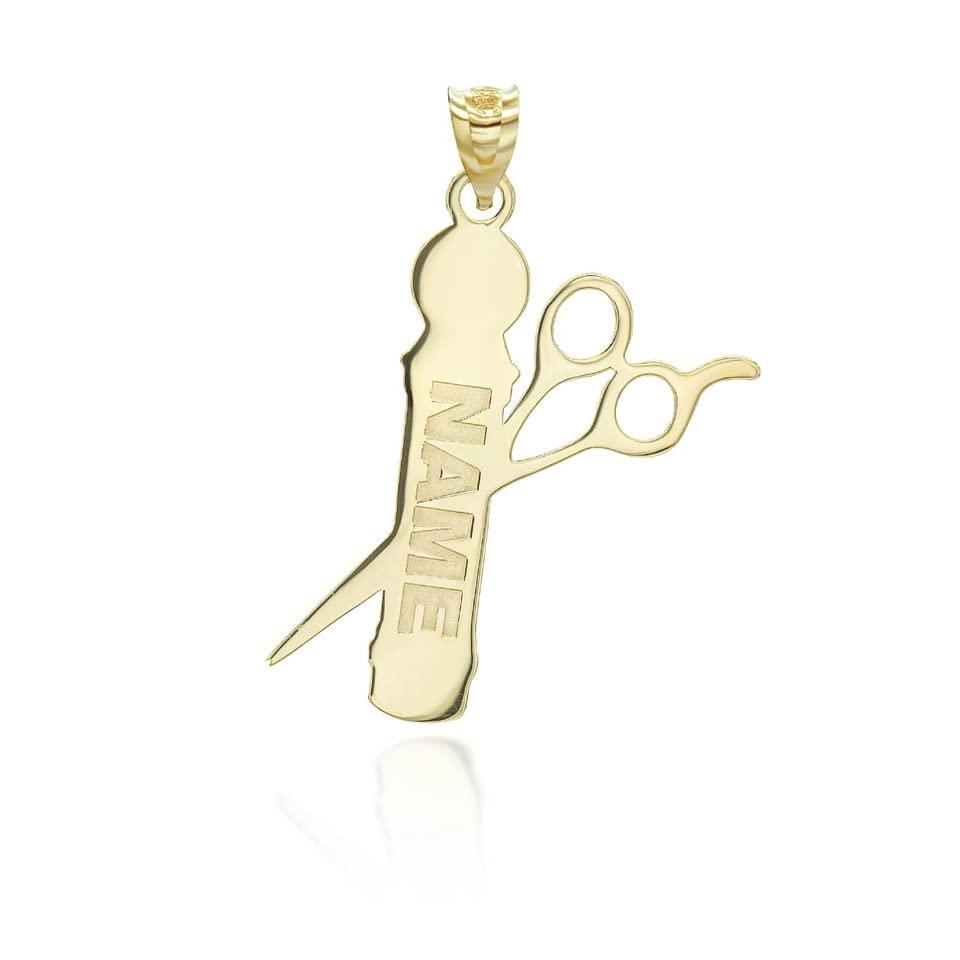 Claddagh Gold 14K Yellow Gold Personalized Name Hair Stylist Scissor and Barber Shop Pole Engravable Pendant