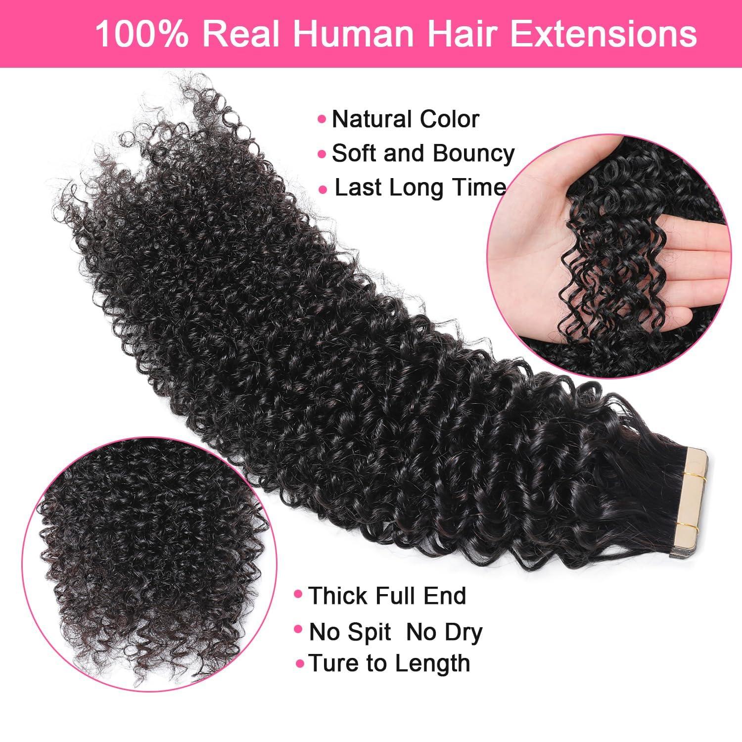 Hotlulana Hotlulana 60pcs Tape in Hair Extensions Human Hair Full Head 3c 4a Kinky Curly Human Hair Tape ins for Black Women Invisible Seamless Skin Weft Curly Hair Extensions 22 Inch 150g