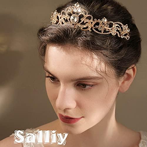 Derora Salliy Baroque Wedding Crown Green Crystal Bride Tiara Bridal Headpieces Rhinestone Hair Accessories for Women and Girls (B)