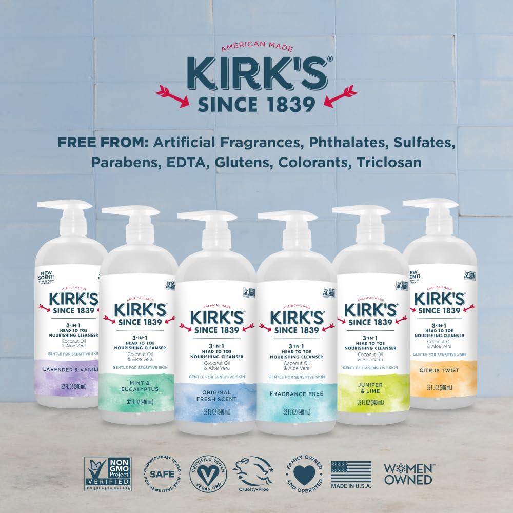 Kirk's Kirk\'s 3-in-1 Head to Toe Nourishing Liquid Cleanser & Travel Size Bar Soap - for Men, Women & Children - Premium Coconut Oil & Aloe Vera- Non GMO & Vegan -Mint & Eucalyptus - 32 Fl Oz