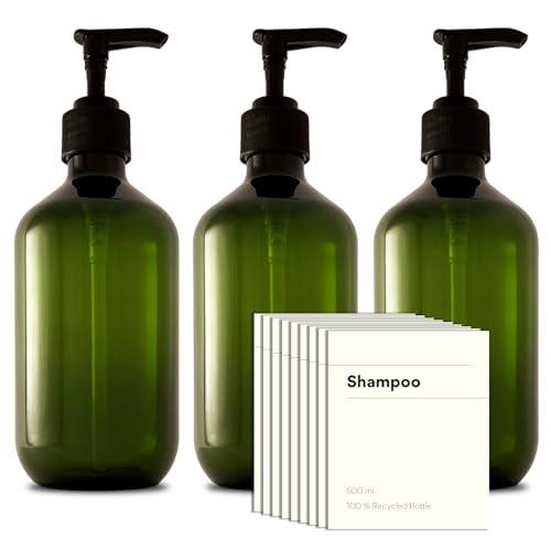Native Green Recycled Plastic Pump Bottle Dispenser 3 x 500ml, Bathroom Bottles with Labels, Empty Refillable Shampoo and Conditioner Dispenser Bottle with Pump for Liquid Hand Soap, Shower Gel, Body Wash, Lotion
