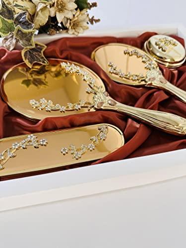 Bridesh Makeup Vanity Mirror Comb Hair Brush Set | Vintage antique Mirror Comb Brush | Antique Vanity makeup Mirror gold vanity mirror Hair Brush Set | Hand face beauty mirror | Comb and Mirror set (Bronze 2)