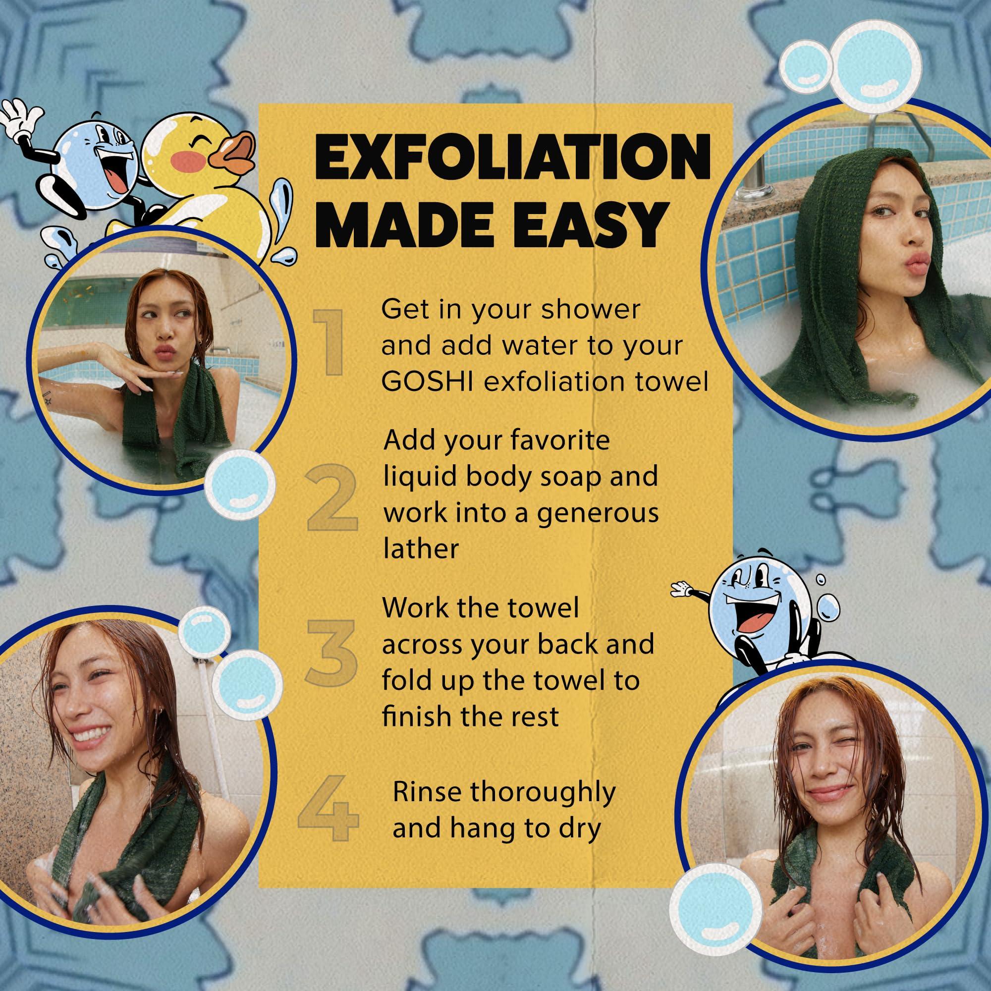 GOSHI GOSHI Exfoliating Shower Towel - Rip-Resistant Exfoliating Washcloth for All Skin Types - Moss Green - Made in Japan