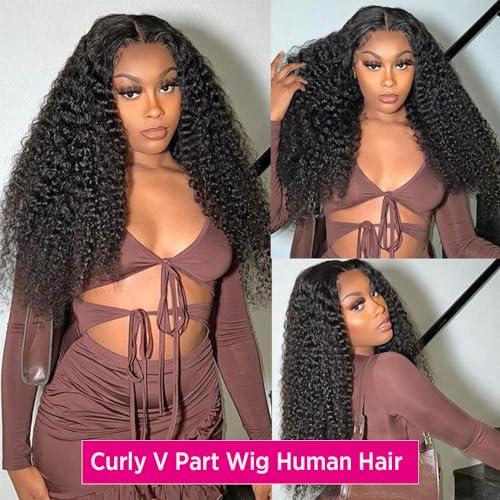 UNILO UNILO V Part Wig Human Hair No Leave Out Upgrade Curly V Part Wig Human Hair Wig for Women 150% Density V Part Wig No Glue No Sew Clip In Half Wig Natural Color 16 Inch