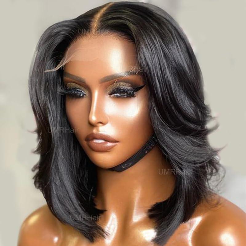 UMRHair 12inch Layered Lace Front Wigs Brazilian Glueless 180% Density Short Bob Human Hair Wig for Black Women 13X4 Middle Part Short Cut Layered Bob Wig PrePlucked BabyHair