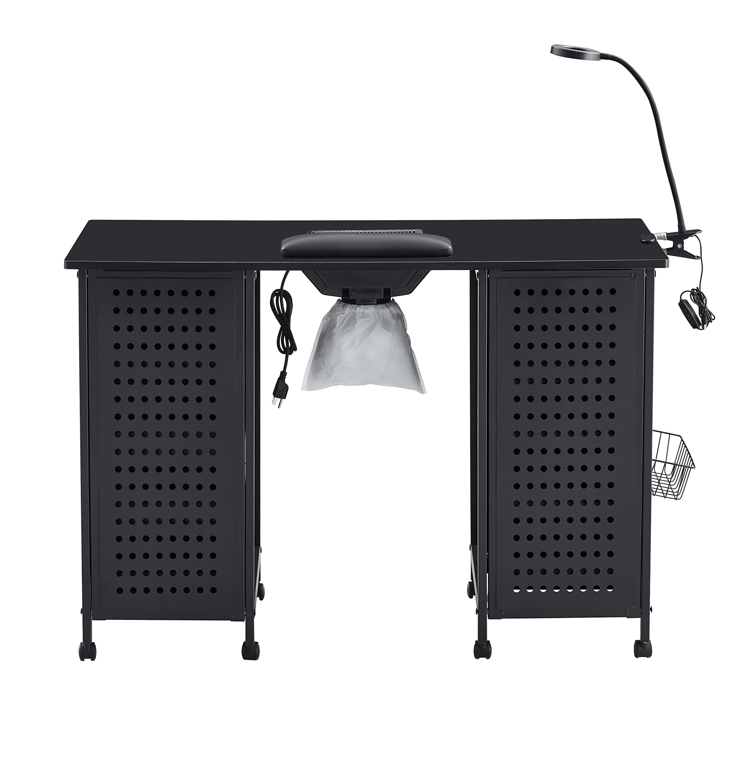 HomVent HomVent Manicure Table Nail Desk Iron Single Cabinet, Beauty Spa Salon Workstation w/Wrist Rest, Lockable Cabinets, LED Lamp, Electric Downdraft Vent, 2 Cabinets (Black)