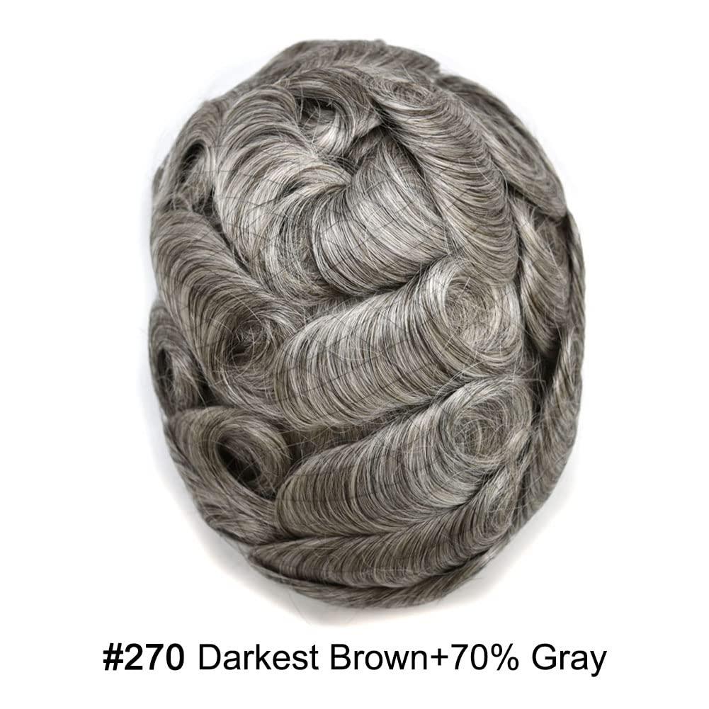 Generic Toupee For Men Swiss Lace Hair System Men Hair Pieces Real Human Hair Units Lace Front Mens ToupeeHair Replacement Natural HairlineMen Hair Systems8\"X10\"-100%Density2# Darkest Brown+70% Sythetic Grey