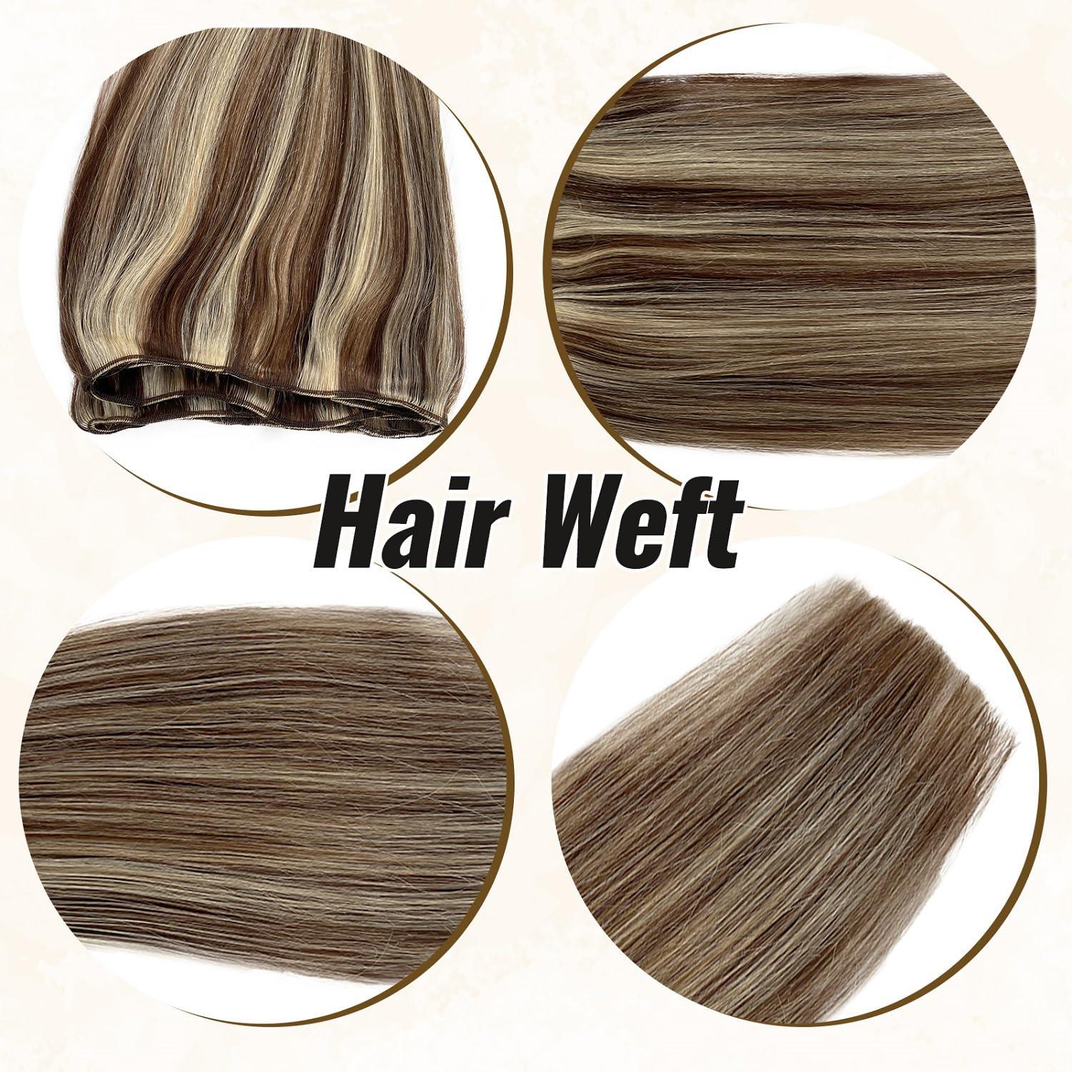 Benafee Sew in Hair Extensions Human Hair 14” Double Weft Sew in Weft Hair Extensions Dark Brown to Bleach Blonde Human Hair Weave Bundles Hand Tied Weft Hair Extensions Human Hair Sew in Hair Extensions