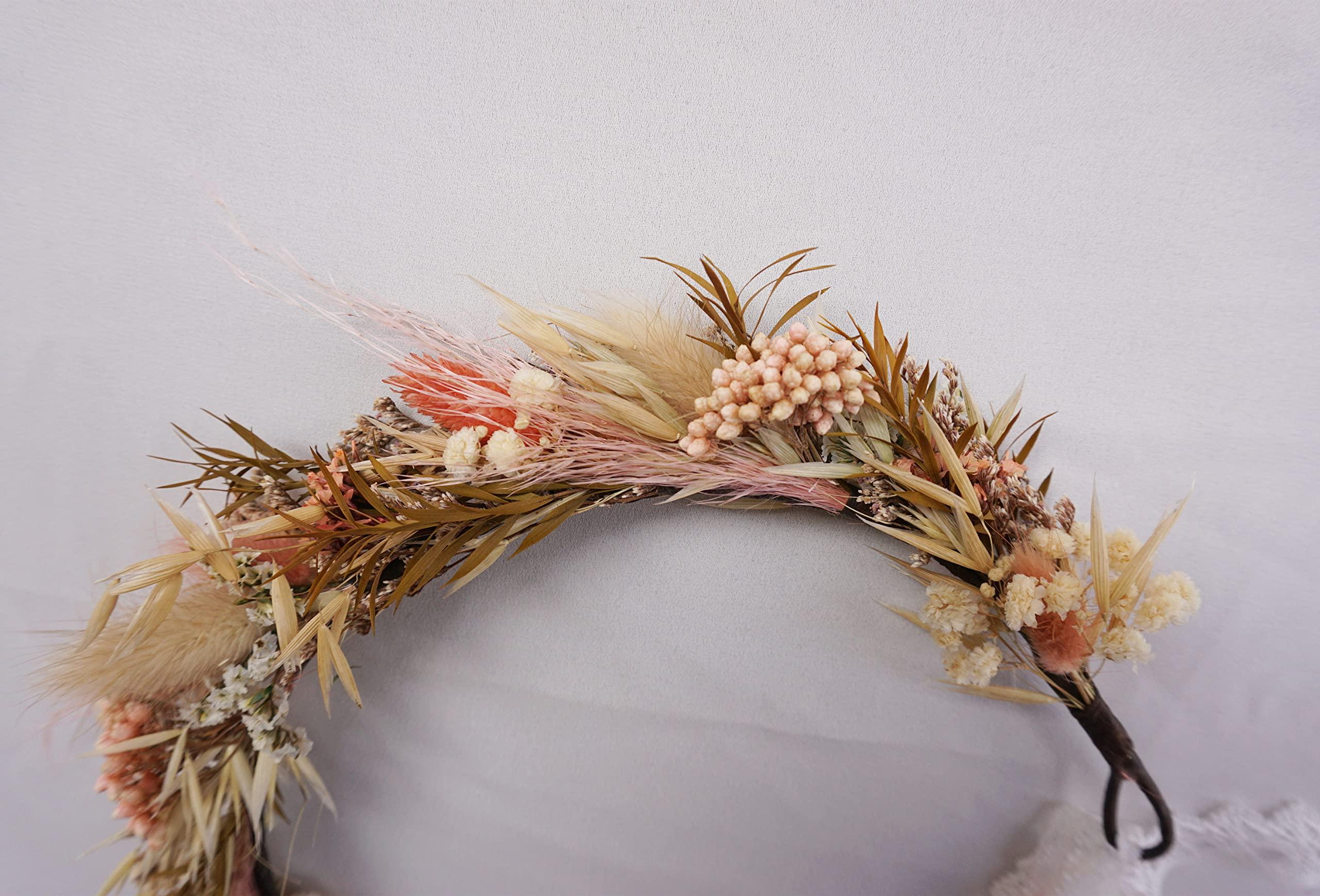DXXD Autumn Dried Flower Crown - Darling Halo Style Headband in Organic Naturally Dried Flowers in Mustard Yellow, Blush and Cream (Adule)