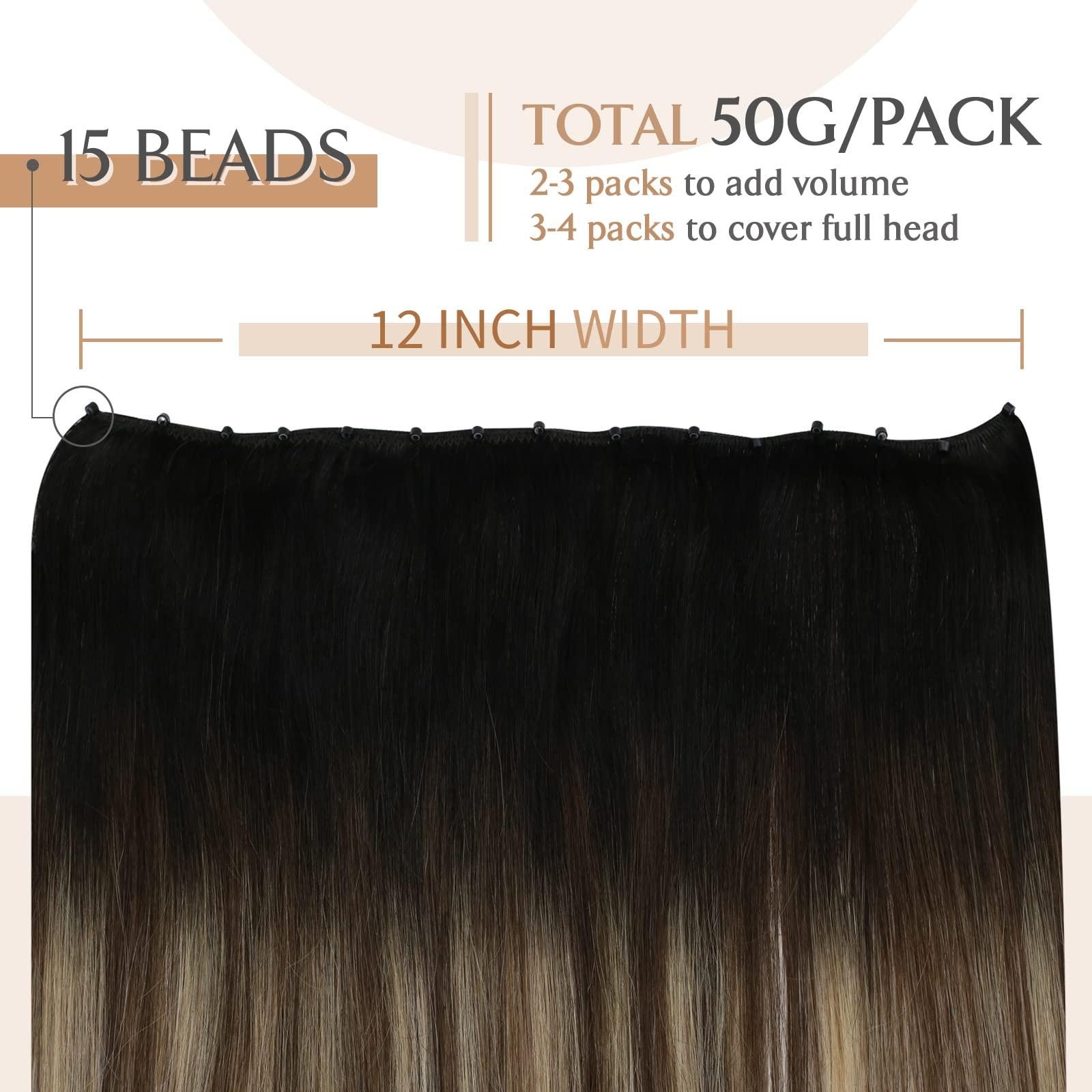 Sunny Hair Sunny Hair Beaded Weft Hair Extensions Human Hair 50G Micro Bead Weft Hair Extensions Real Human Hair Straight Weft Hair Extensions Easy Weft Natural Black to Dark Brown with Caramel Blonde 18inch