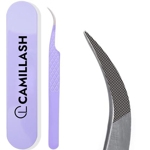 CL CAMILLASH Fiber Tip Lash Tweezers For Eyelash Extension Tweezers Professional Artist Tech Work Kit Tools,Best Volume Eyelash Lashes Extensions Purple Tweezers Precision Supplies(Curved)