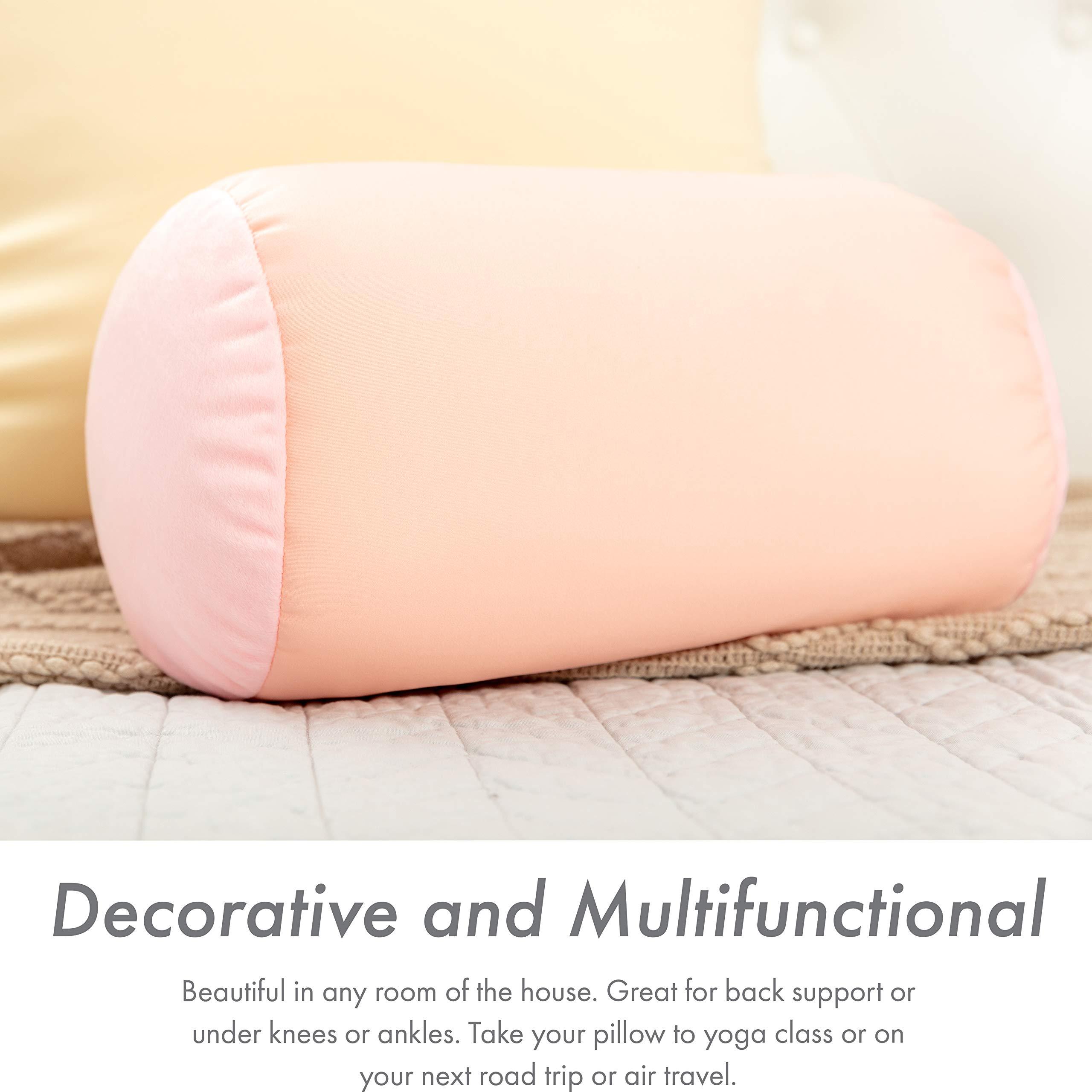 PILLOWY Microbead Bolster Neck Roll Pillow, Gently On Body, Head, Neck & Shoulders No Pain Rest, Relax Sleep - Silky Feel Prevent Wrinkles & Hair Breakage - Lightweight Cylinder Tube, 14" x 8", Cream Peach