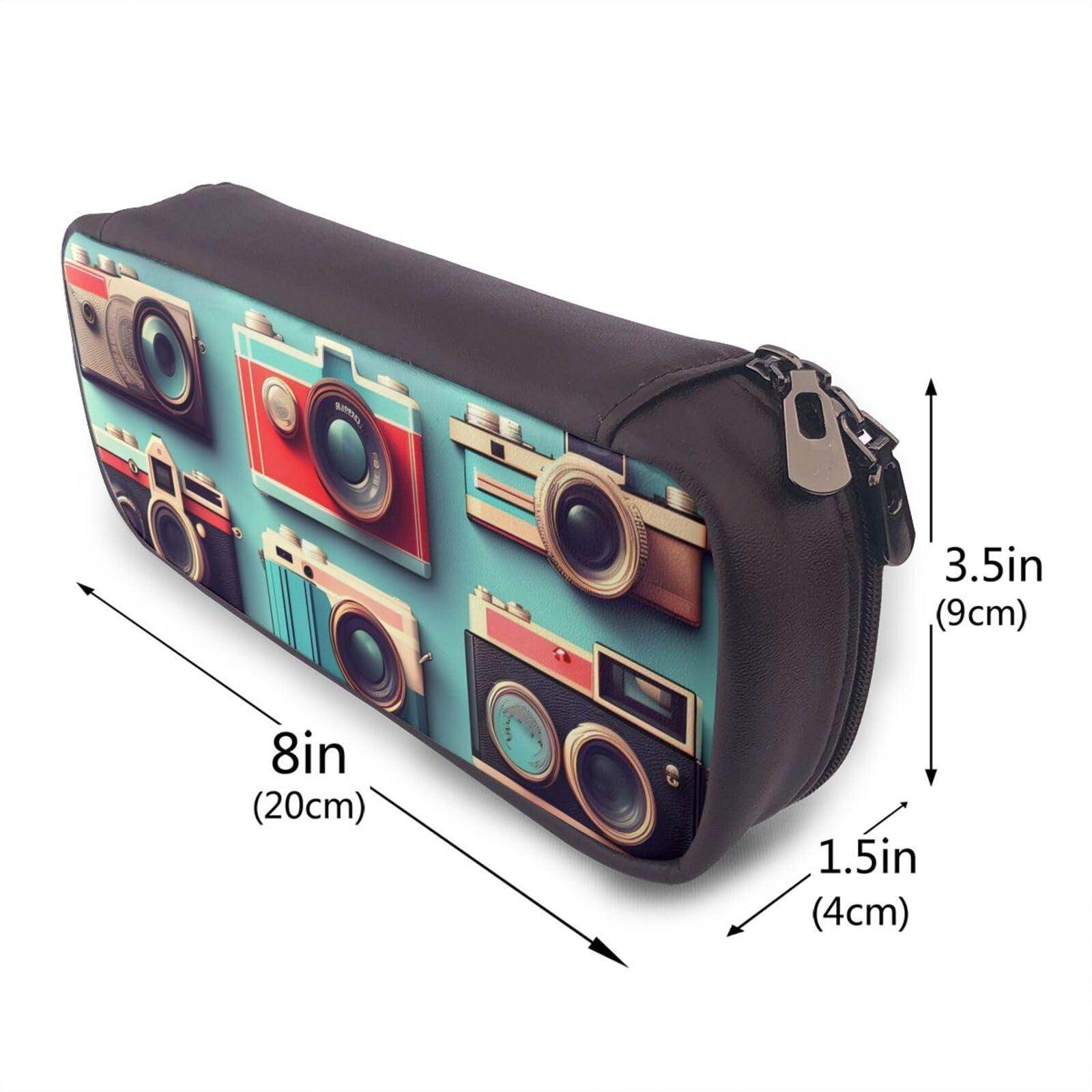 YHBLYKXP YHBLYKXP Retro Cool Camera Collection print Leather Flap Pencil Case,Toiletry Organizer,Zipper Coin Purse, Black