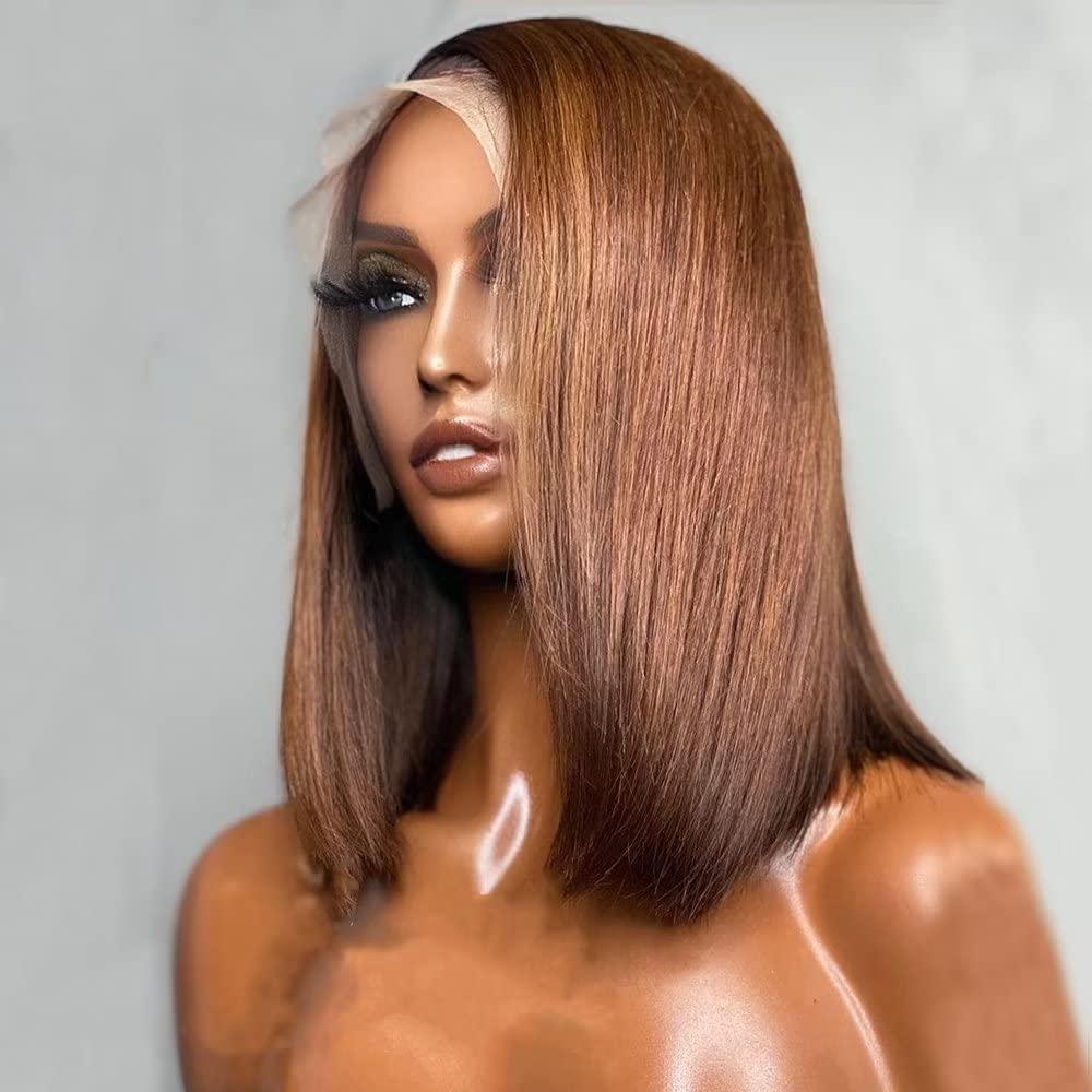 Imeya Imeya 1b/30 Brown Ombre Wig Short Bob Wig Human Hair Ombre Lace Front Wig For Black Women Middle Part Bob Wig HD Lace Front Wigs Pre Plucked 150% Density Glueless Lace Wig With Dark Roots 10inch ,13x6