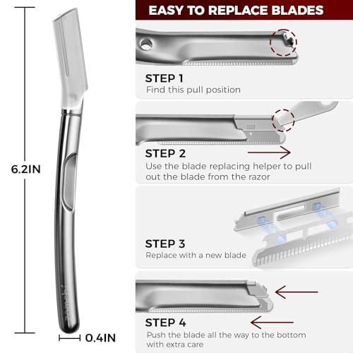 ZOMCHI ZOMCHI Eyebrow Razor and Face Razor for Women and Men, Reusable Metal Handle with 11 Refill Blades, Dermaplane Razor with Protective Silicone Cap, Eyebrow Hair Trimmer - Polished Silver