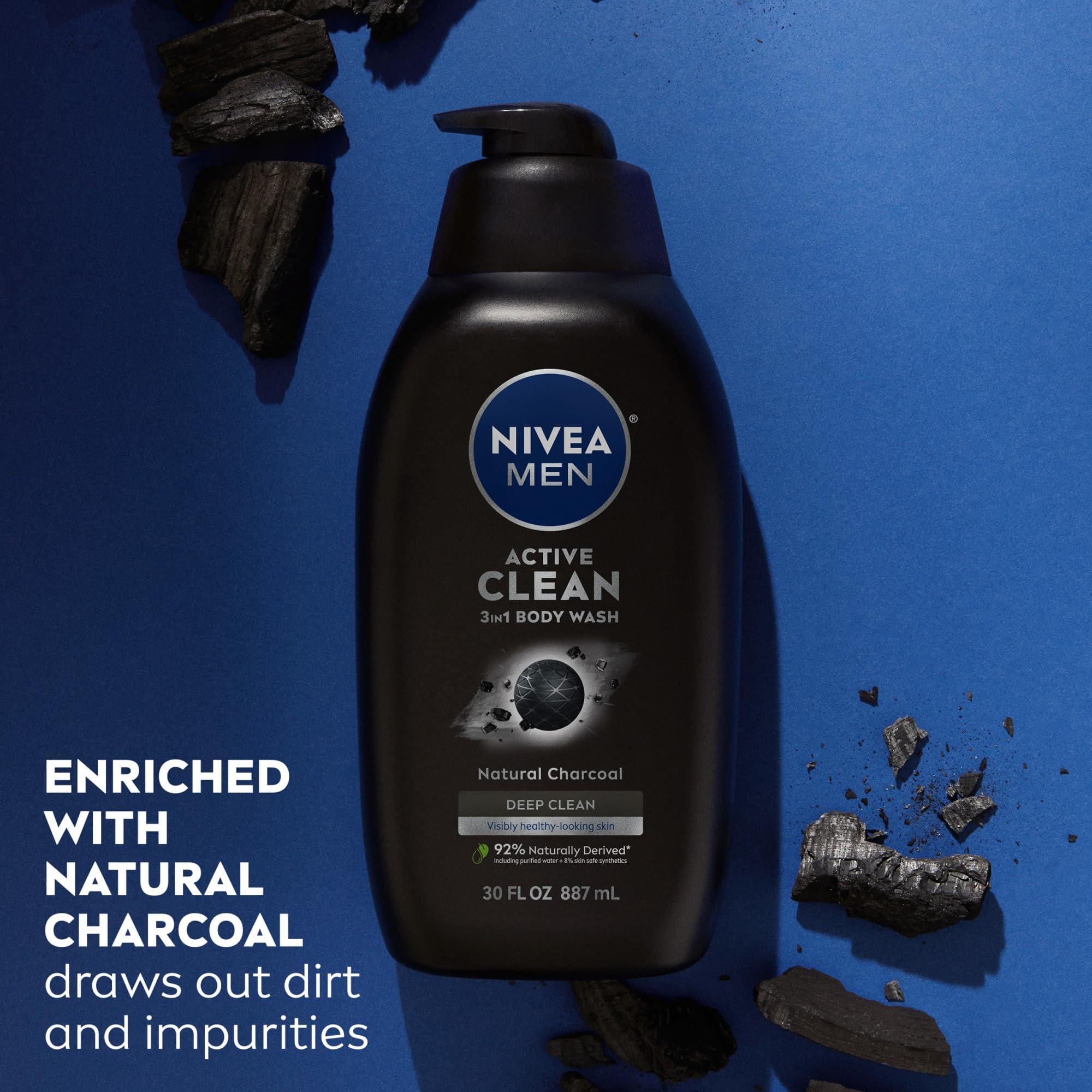 Nivea Men Nivea Men Active Clean Body Wash with Natural Charcoal for Normal to Oily Skin, 3-in-1 Charcoal Body Wash, Face and Hair, Draws Out Dirt and Impurities, 30 Fl Oz Bottle