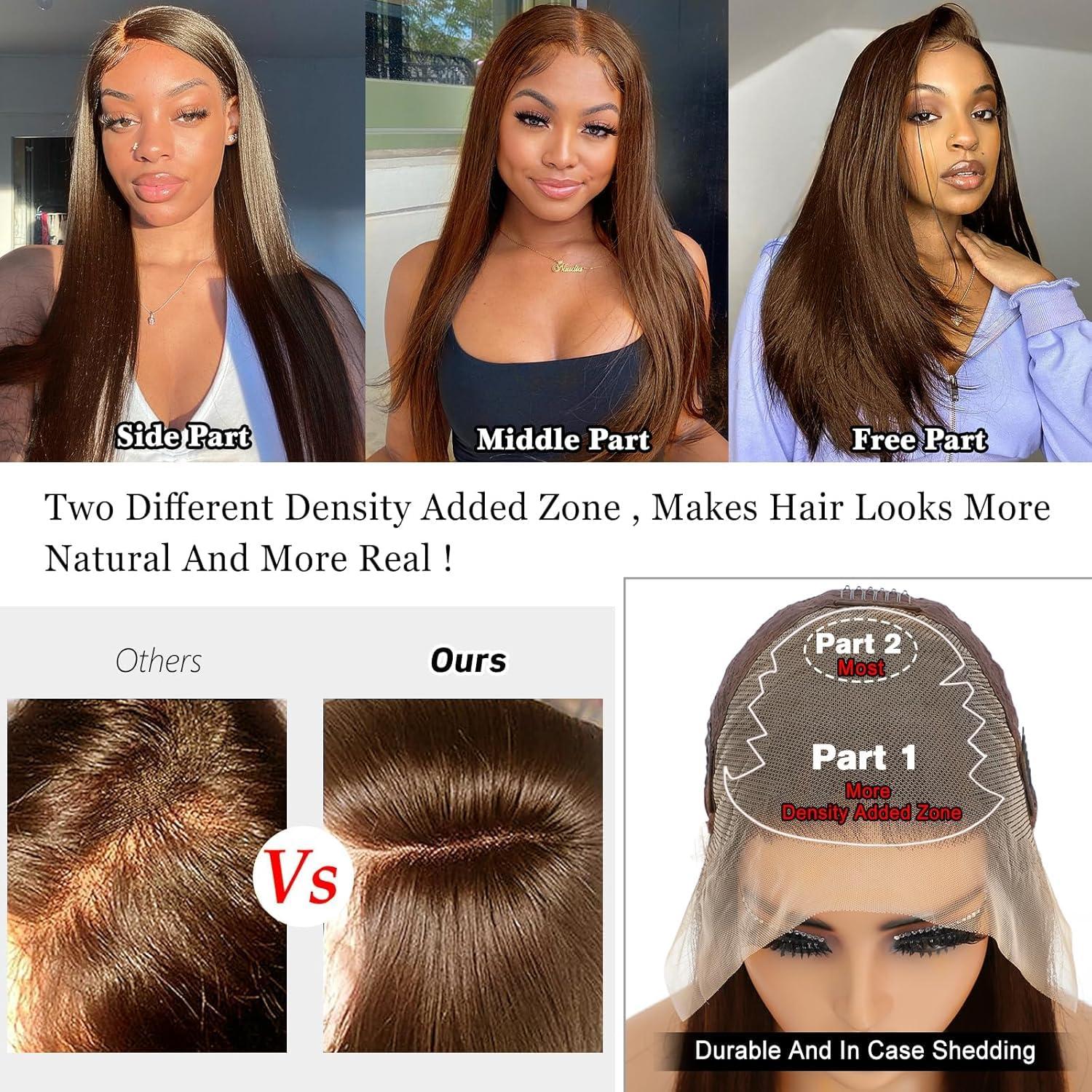tunfine tunfine 13x6 Chocolate Brown Lace Front Wig 200 Density Hd Lace Front Wigs Human Hair,24 Inch Glueless Straight Frontal Wigs Human Hair Pre Plucked With Baby Hair