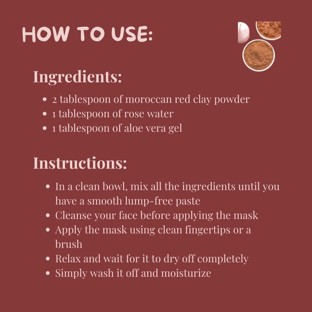 meesha meesha Moroccan Red Clay Powder Red Clay | 3.5 oz (100g) | Detoxifying, cleansing, oil-absorbing, hair-conditioning clay | DIY face masks, body scrubs, dry shampoo, hair shampoo| 100% Natural