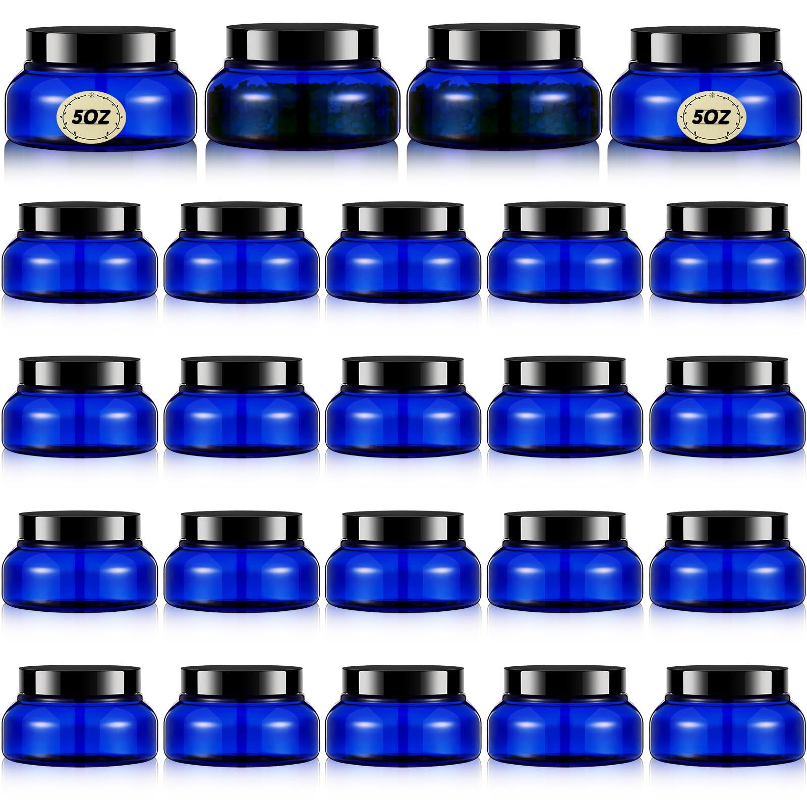 Tessco Tessco 24 Pack Plastic Jars with Lids Labels Empty Clear Plastic Jars Round Refillable Cosmetic Containers Body Butter Containers Bulk Sugar Scrub Bottle for Make Up(5 oz,Translucent Blue and Black)