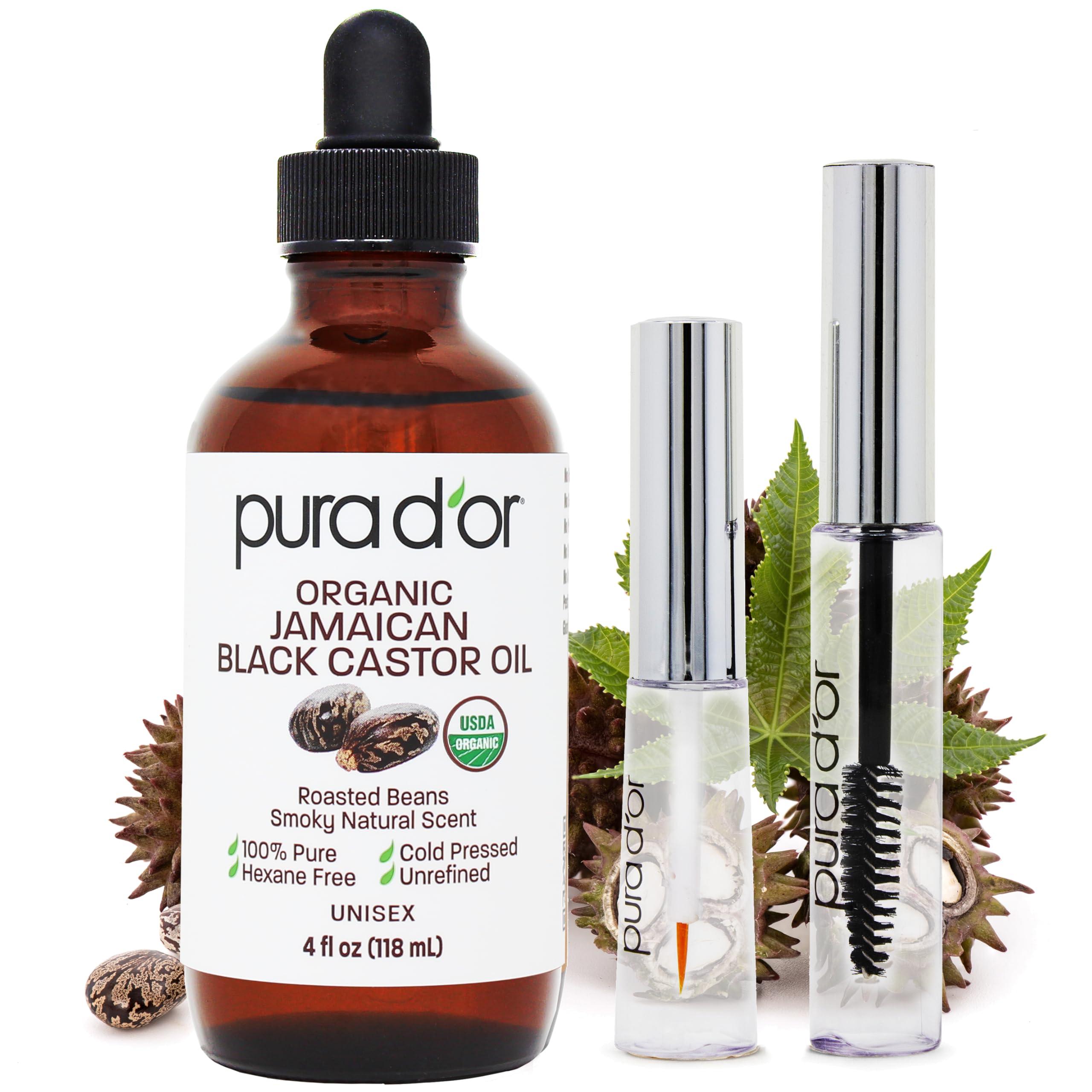 PURA D\'OR PURA D\'OR 4 Oz ORGANIC Jamaican Black Castor Oil - Natural Smoky Scent - w/ 2 BONUS Empty Brushes - 100% Pure USDA Certified Cold Pressed & Roasted, Hexane Free Eyelash & Eyebrow Serum